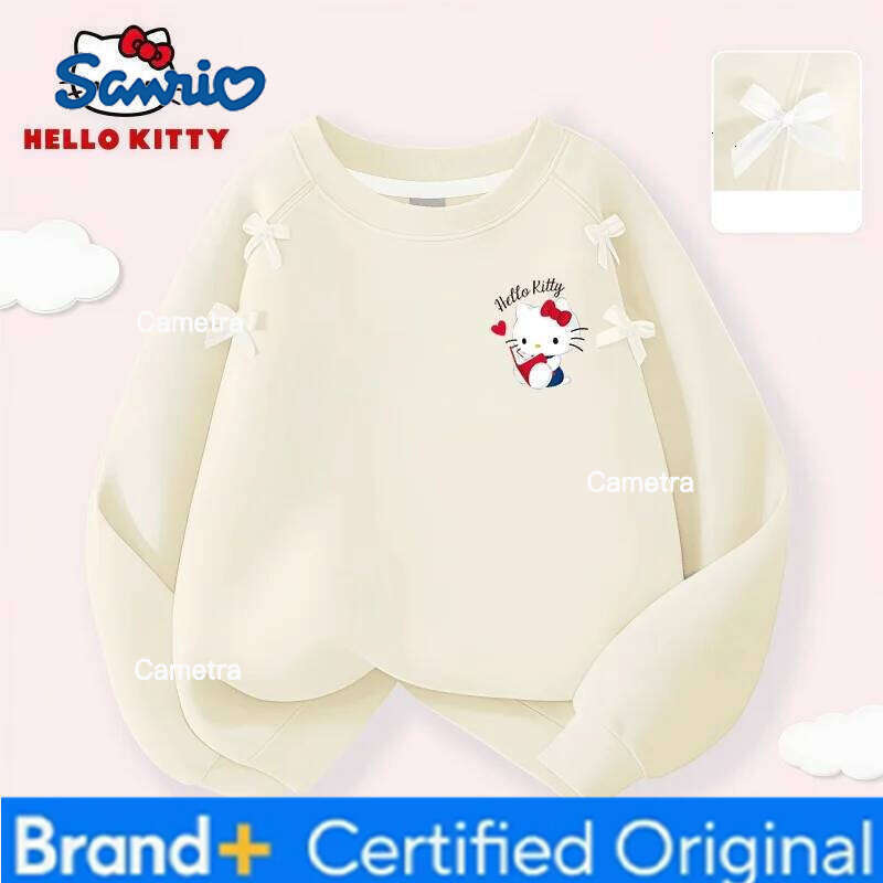 Sanrio Hello Kitty Prints Kids Bow Decoration Pullover Hoodies Girl Round-neck Long-sleeved T-shirt Spring Autumn Breathable Sweatshirt H260112