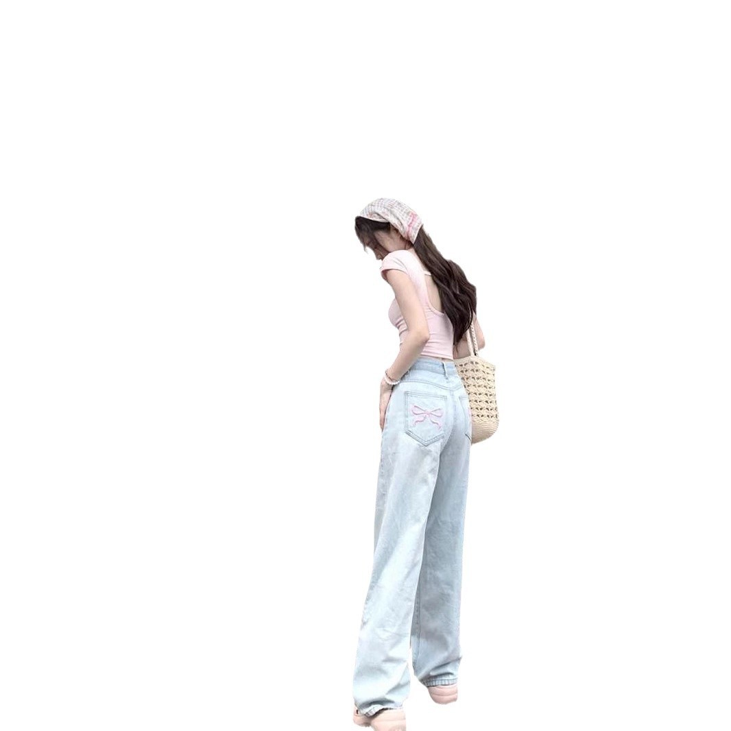 Women's Jeans---Embroidered Washed High-Waisted Jeans, Women's Light Blue Loose Straight-Leg Floor-Length Pants--388