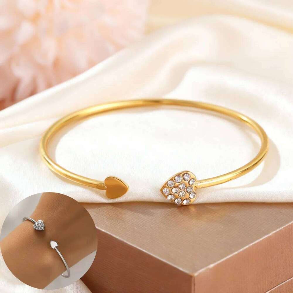 Jewellery Bracelet Gold Color Heart Shaped Shiny Zirconia Adjustable Open Cuff Bangle for Daily Wear and 1 Special Occasion High Quality Textured Fini