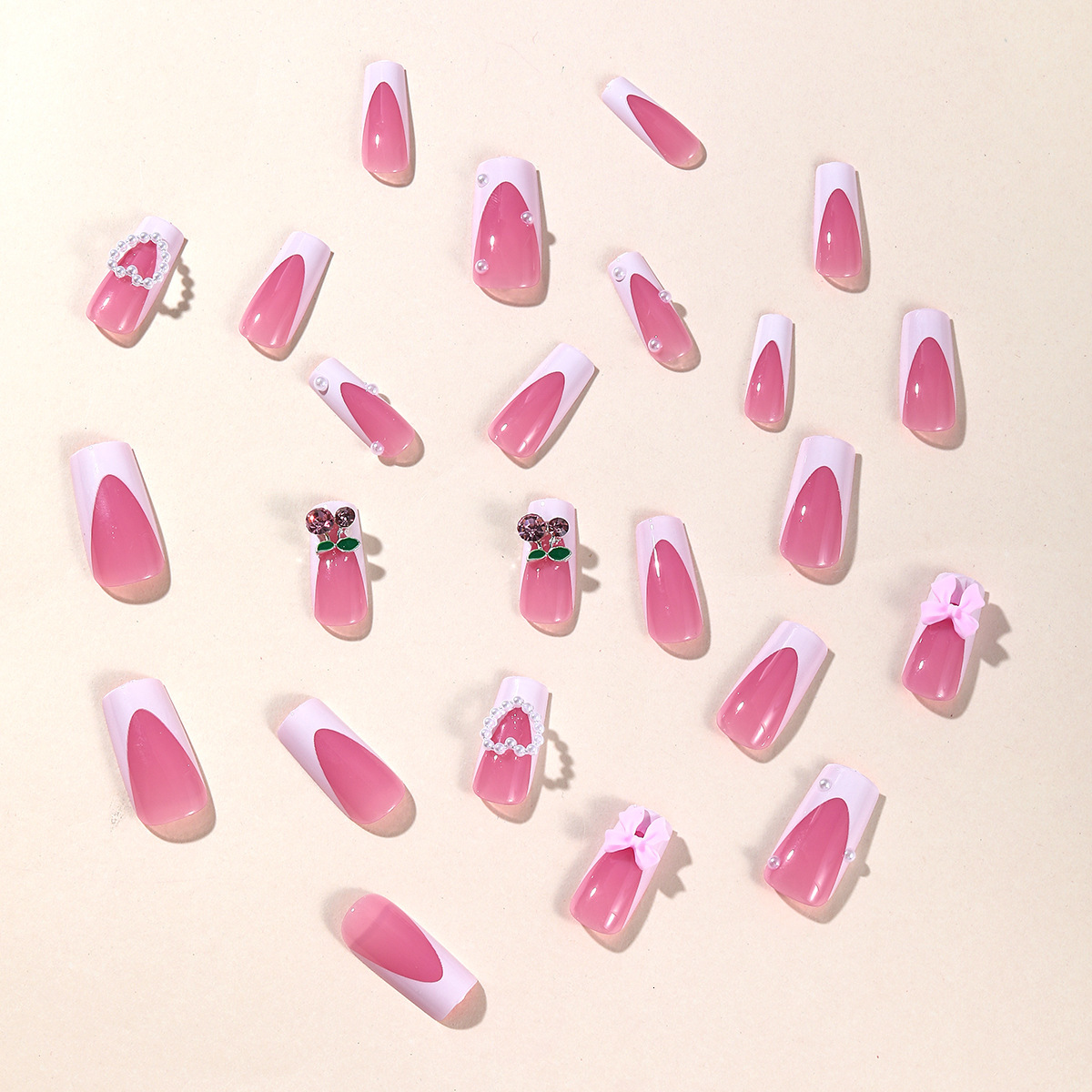 Wearable Nails Finished Wearable Nails Medium Long Square Bow Cherry White Heart French Detachable Fake Nail Stickers