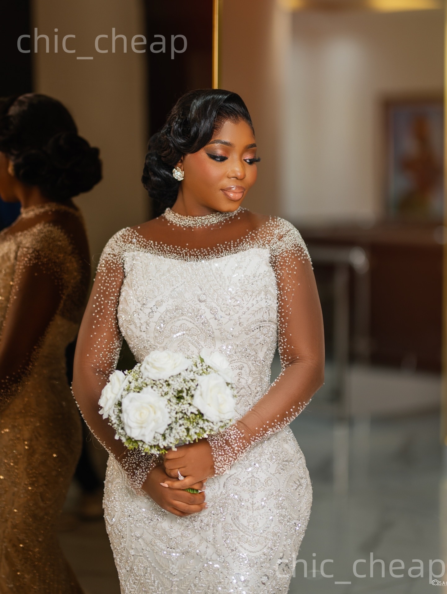 African Aso Ebi 2026 Ivory Mermaid Wedding Dress Beaded Full Sleeves Sheer Neck Sequined Sparkly Elegant Bridal Gowns Dresses ZJ212