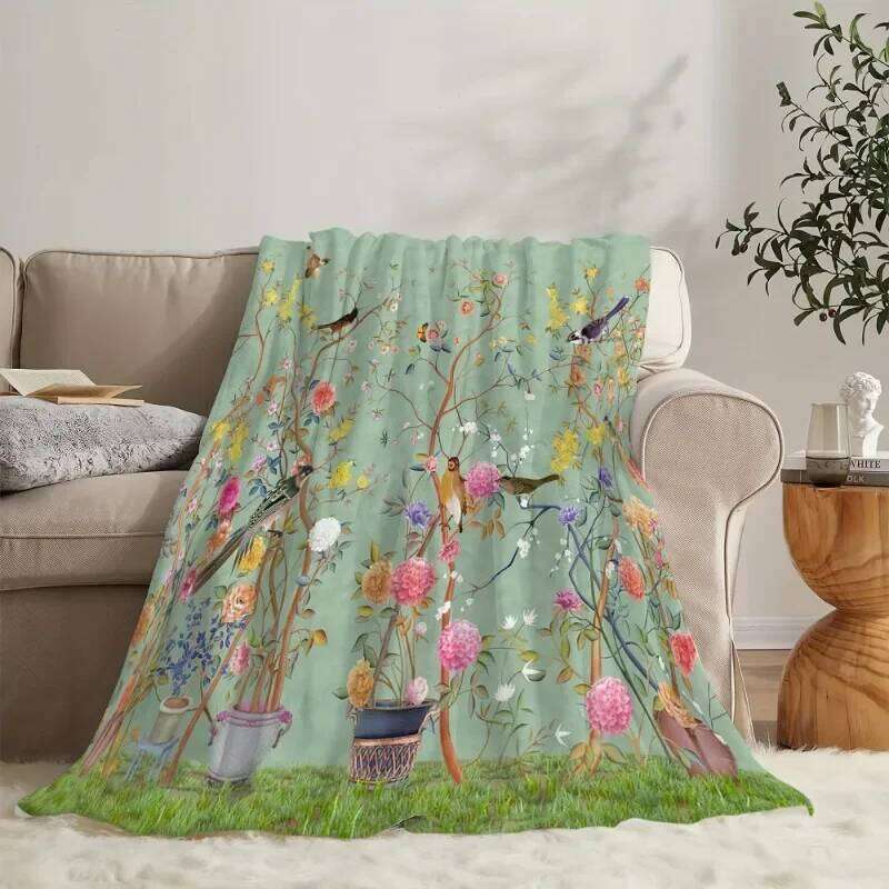 1pc Creative Flower and Bird Flannel Comfortable Warm Soft Sofa Throw for All Seasons Office Bed Travel Blanket XJ260112