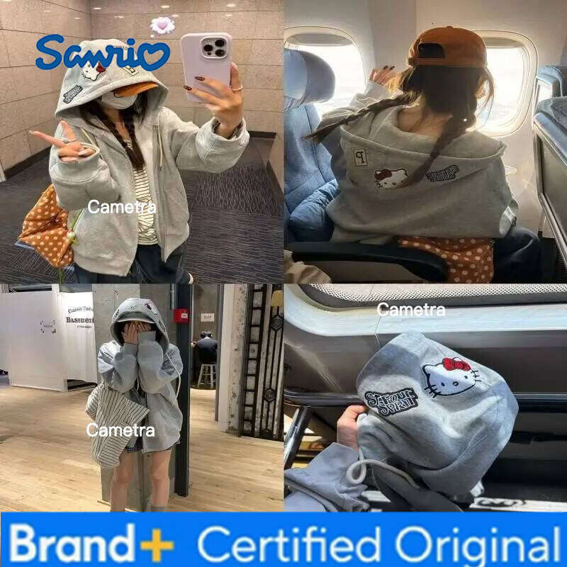 Sanrio Hello Kitty Women Hoodie Sweatshirt Jacket Autumn New Gray Drawstring Youthful Loose Cardigan Casual Streetwear Fashion Tops H260112