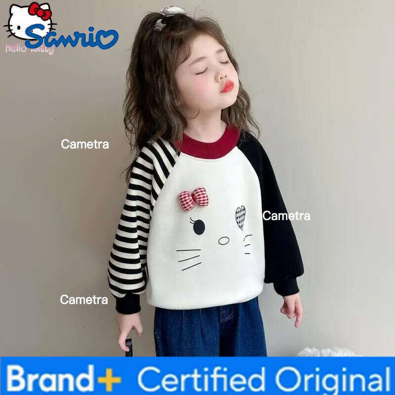 Sanrio Girls Cartoon Cat Thickened Sweatshirt Kawaii Autumn and Winter New Anime Children's Tops Warm Base Fashionable T Shirt H260112