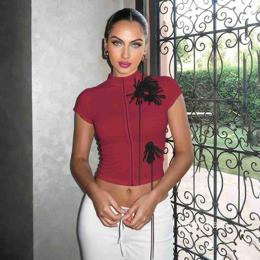 Spring New Womens Fashion Personality Button Flower Decoration Slim Sexy High Neck Cardigan Short Sleeve T-Shirt