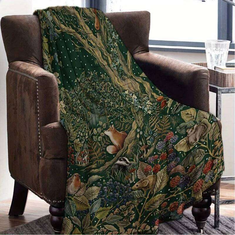 Soft Flannel Woodland Blanket Enchanted Forest Creatures Pattern Cozy Warm Throw For Healing Cottagecore Decor XJ260112