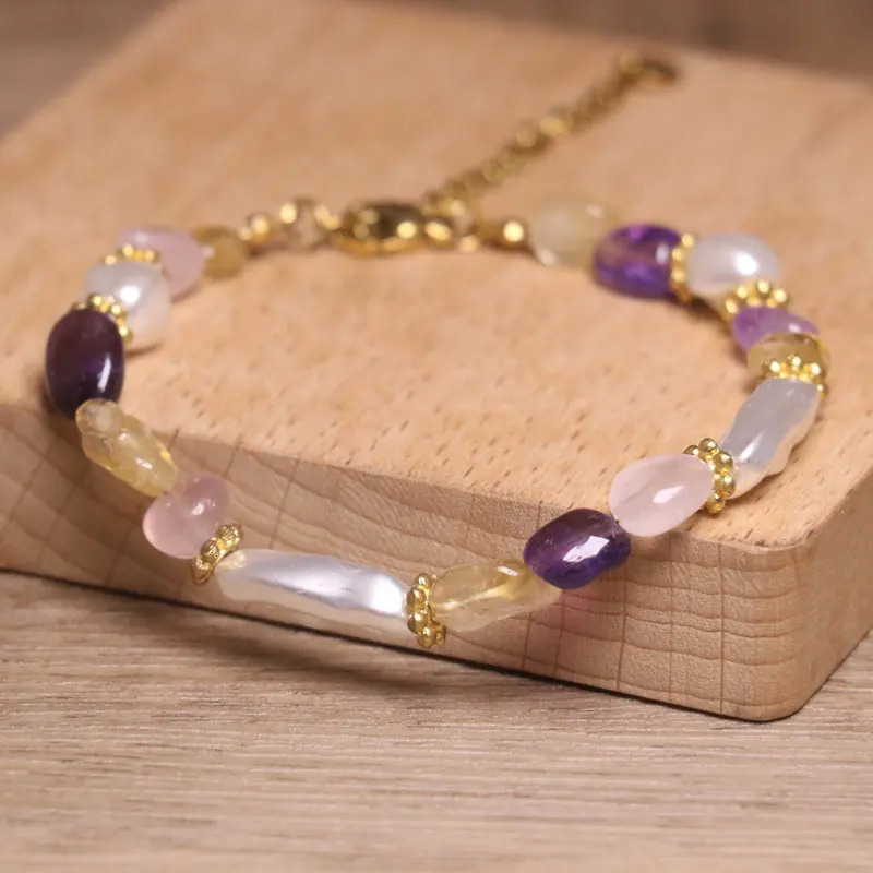 Bohemian Pearl Gemstone Bracelet Handmade Amethyst Rose Quartz Citrine Beads Gold Plated Chain Women Dainty Stackable Jewelry 260107