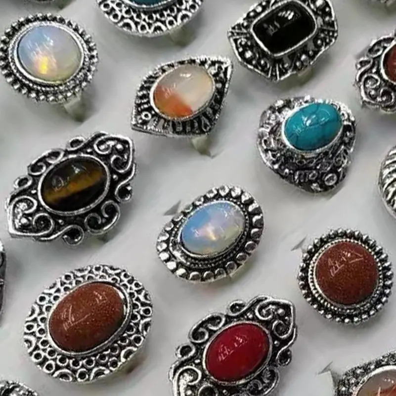 10Pcs/Lot Natural Stone Rings For Women/Men Mix Style Vintage Carved Silver Plated Ring Fashion Party Jewelry Gift 260107