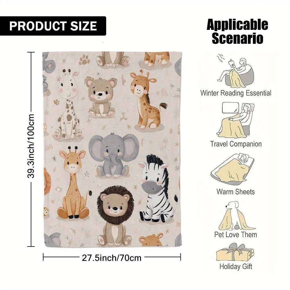 "Adorable Safari Animals Blanket, Soft Fleece with Giraffe, Elephant, Lion and Zebra for Kids Room Decor" XJ260112