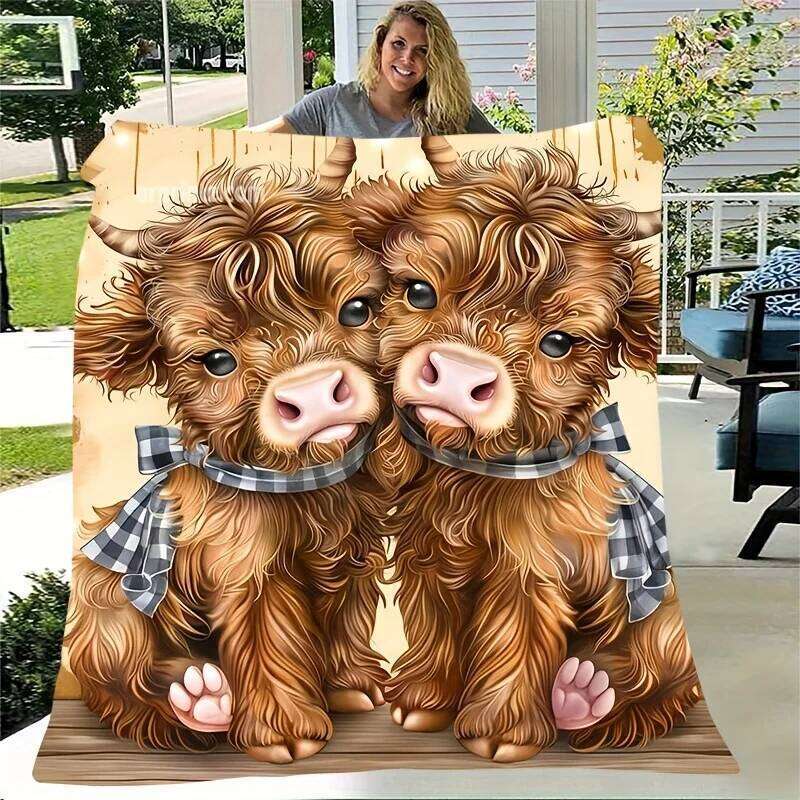 Cute Cartoon Highland Cow Flannel Blanket Soft Warm All-Season Throw | Perfect for Sofa Bed Office Travel XJ260112