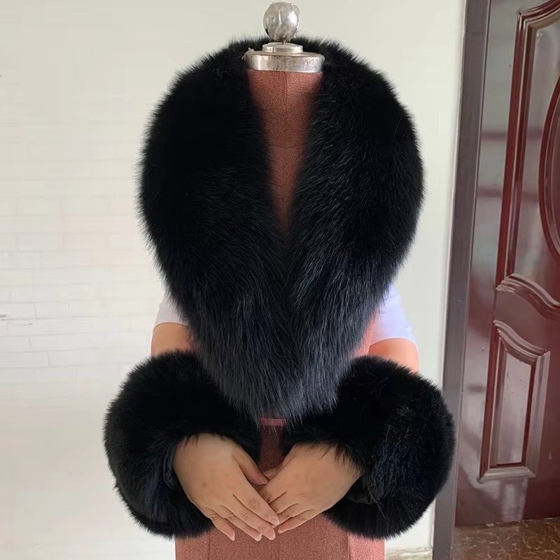 Winter Natural Fox Fur Scarf And Cuff Set Women Jacket Fur Collar Neck Warm Scarves Fluffy Fox Fur Shawl 251015