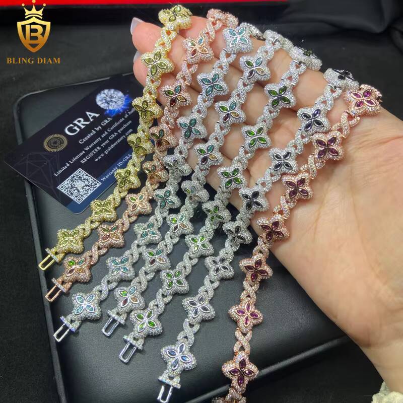 Hot Sale Four Leaf Clover Moissanite Bracelet Link Chain 925 Silver VVS Iced Out 15mm Moissanite Chain Men Past Diamond Test GRA