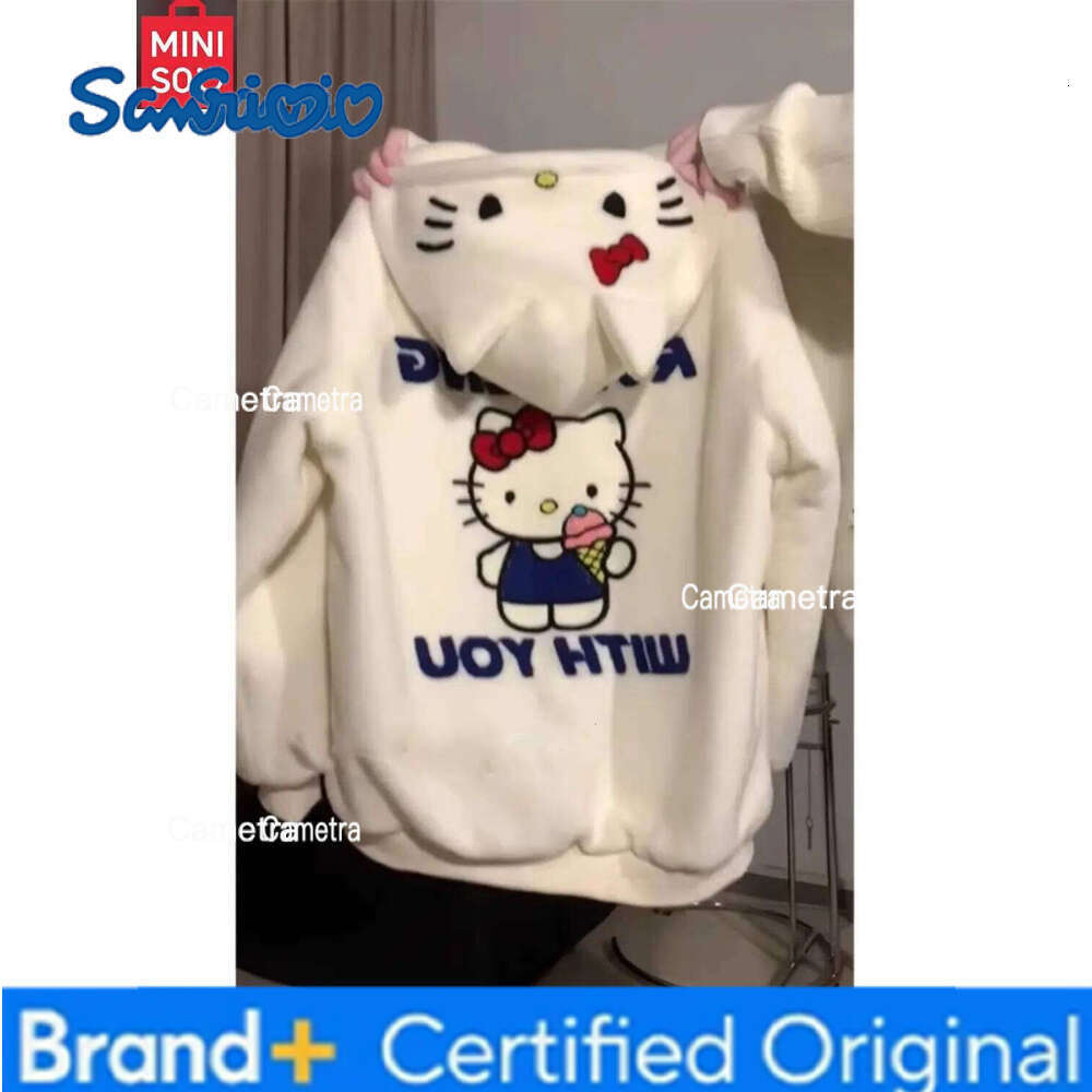 Sanrio MINISO Cartoon Cute Hello Kitty Lamb Women's Autumn and Winter Plus Plush Thick Cardigan Coat H260112