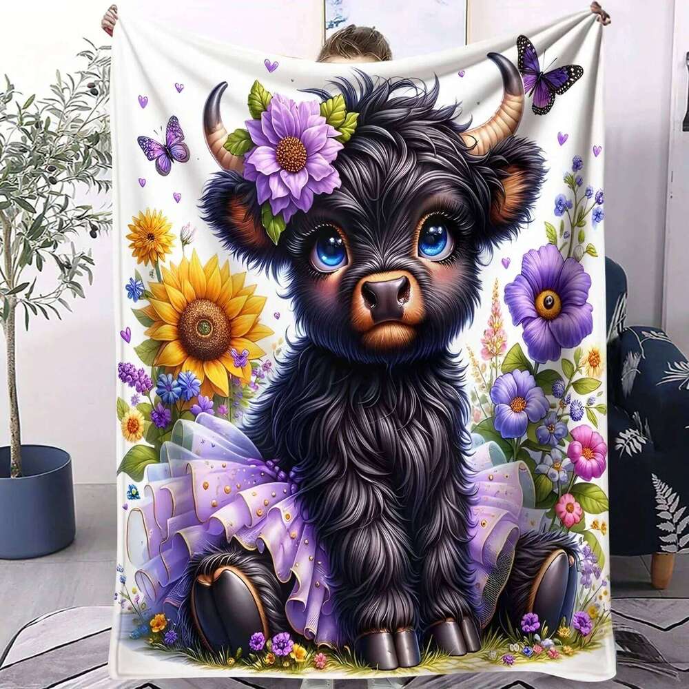 Forest Healing Highland Cow Flannel Sunflower Butterfly Bedroom Throw Sofa Leisure Blanket Mothers Kids Family Nature XJ260112