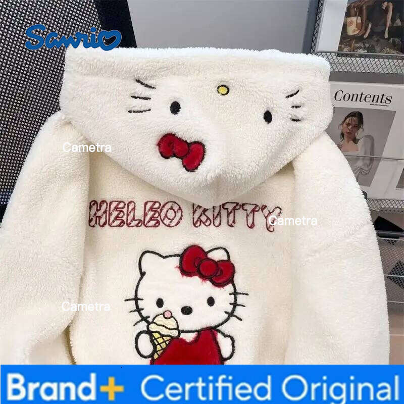 Sanrio Cartoon Hello Kittys Sherpa Embroidered Women Autumn Winter Cute Japanese Velvet Thickened Hooded Zipper Jacket Warm Tops H260112