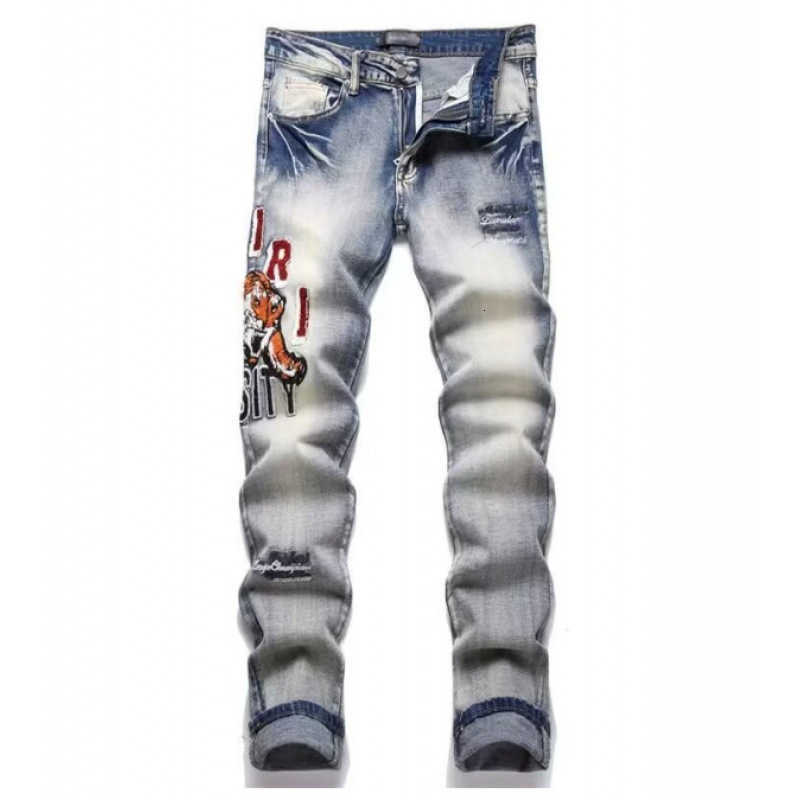 Men Snake Embroidery Denim Jeans Streetwear Ripped Patch Pants Slim Tapered Stretch Trousers X250812