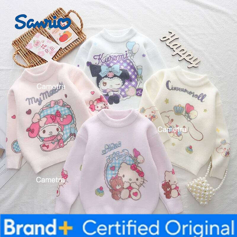 Sanrio Winter Hello Kitty Melody for Kids Cinnamoroll Autumn Crew Neck Knit Pullover Girs Japan Warm Knitwear Fashion Sweater H260112
