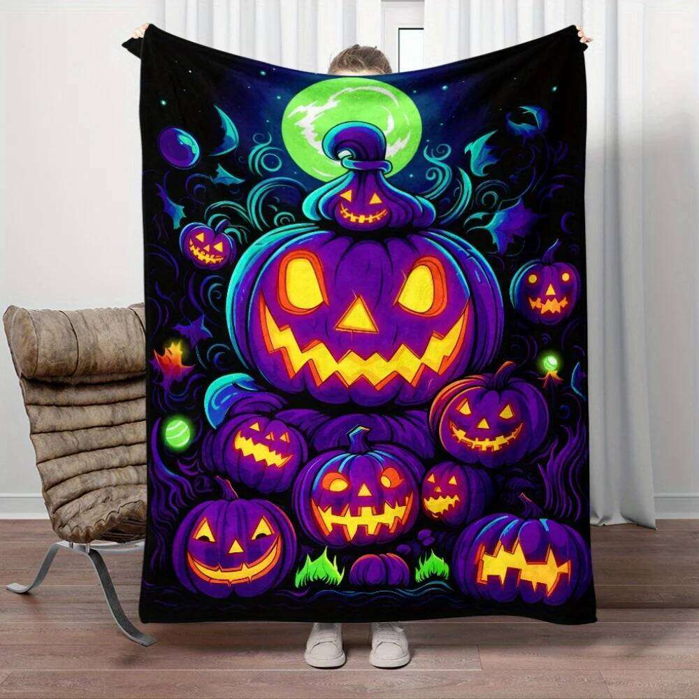 Halloween pumpkin spooky haunted night party blanket purple jack o lanterns glow in dark festive seasonal decoration XJ260112