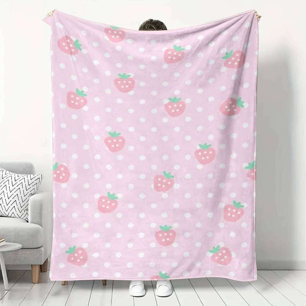 Pink Strawberry Print Flannel Blanket, Soft Warm Cozy Throw for Home Kitchen Sofa Camping Relaxation XJ260112