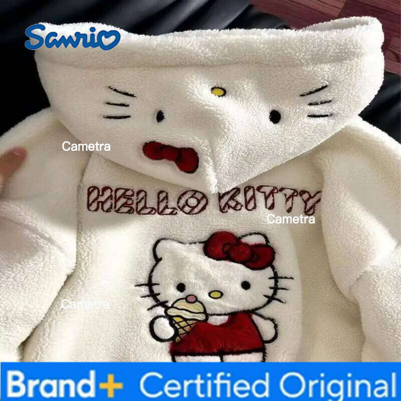 Sanrio Kt Hoodie Coat Sweatshirt Women Winter Cartoon Lamb Wool Embroidery Cute Japanese Fleece Lined Thick Warm Casual Jacket Kawaii H260112
