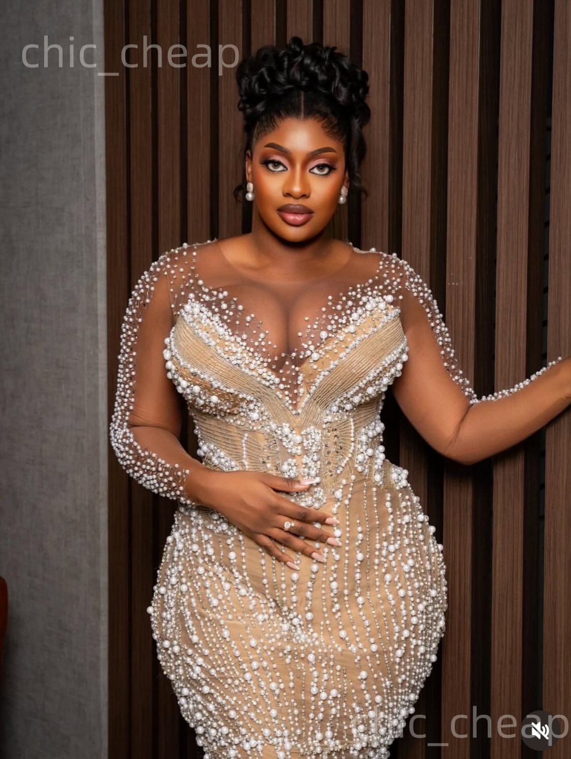 Aso Ebi Champagne Mermaid Prom Dresses 2026 Illusion Pearls Sheer Neck Evening Formal Party Second Birthday Engagement Gowns Dress For Special Occasio