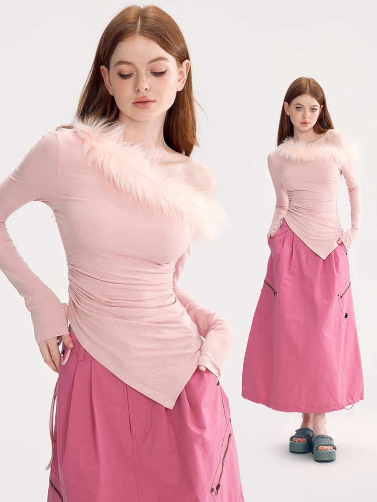 WWooha Style Asymmetrical Shoulder Fur Collar OffShoulder TShirt Slim Fit Waist Sweet Cool Girl Top for Women 210525