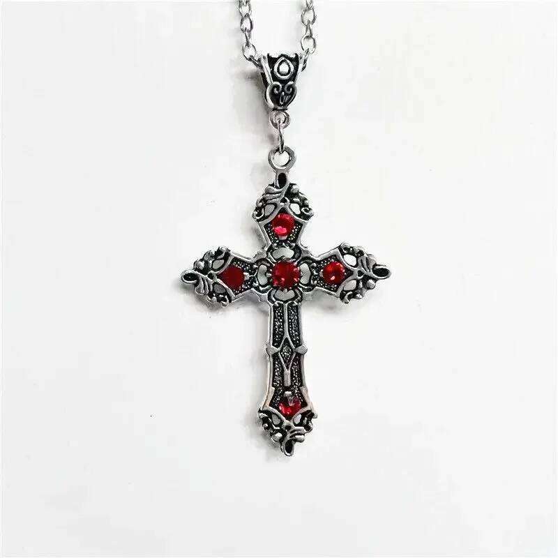 European and American retro simple fashion gothic black gem ruby cross pendant men's women's necklace H260112