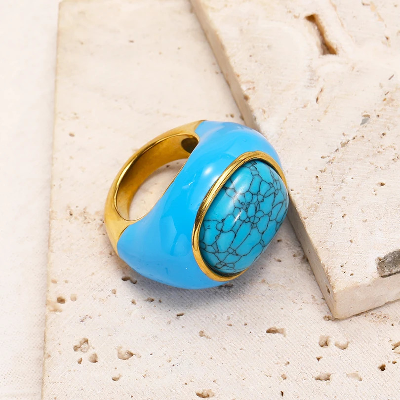 Punk Style Stainless Steel 18k Natural Stone Drip Glaze Ring for Women Personality Simple Fashion Ring Charm Jewelry Gift 260107