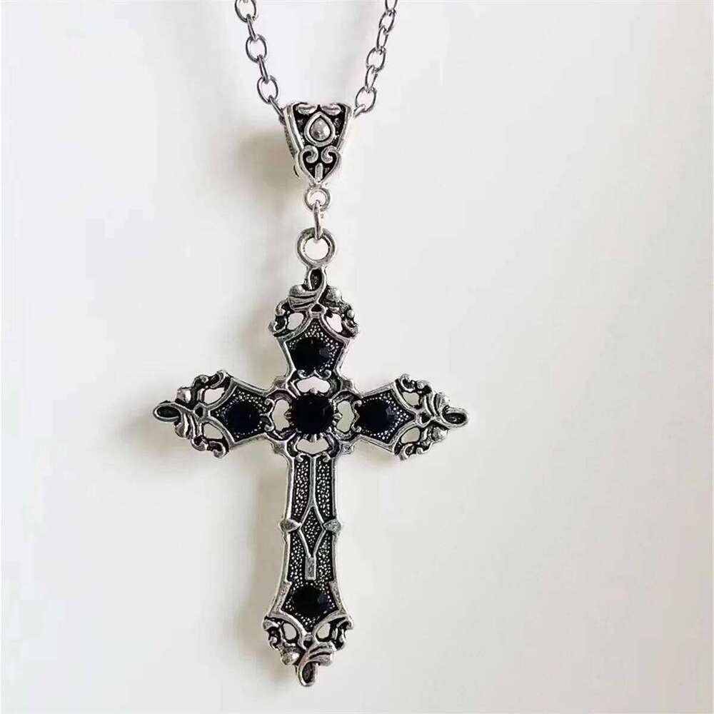 European and American retro simple fashion gothic black gem ruby cross pendant men's women's necklace H260112