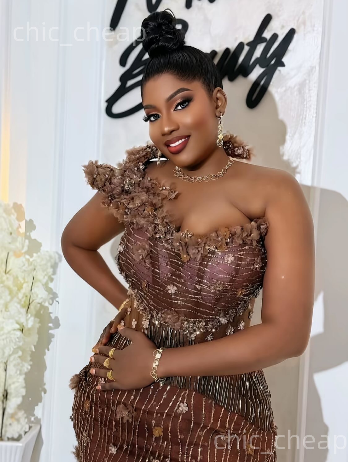 Aso Ebi Brown Mermaid Prom Dresses 2026 One Shoulder Flowers Crystals Beaded Evening Formal Party Second Birthday Engagement Gowns Dress For Special O