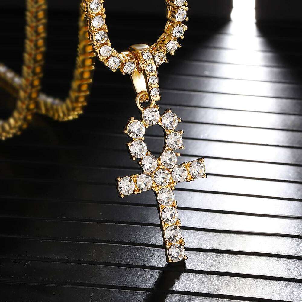 Iced Out Ankh Cross Pendant With 4mm Tennis Chain Necklace Good Luck Sparkling Hip Hop Creative Jewelry for Men Women Gift H260112
