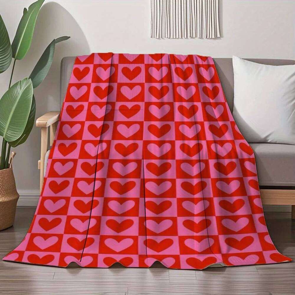 Red Pink Heart Plaid Print Flannel Throw Blanket Soft Warm and Cozy for Couch Bed Office or Camping All-Season Use XJ260112