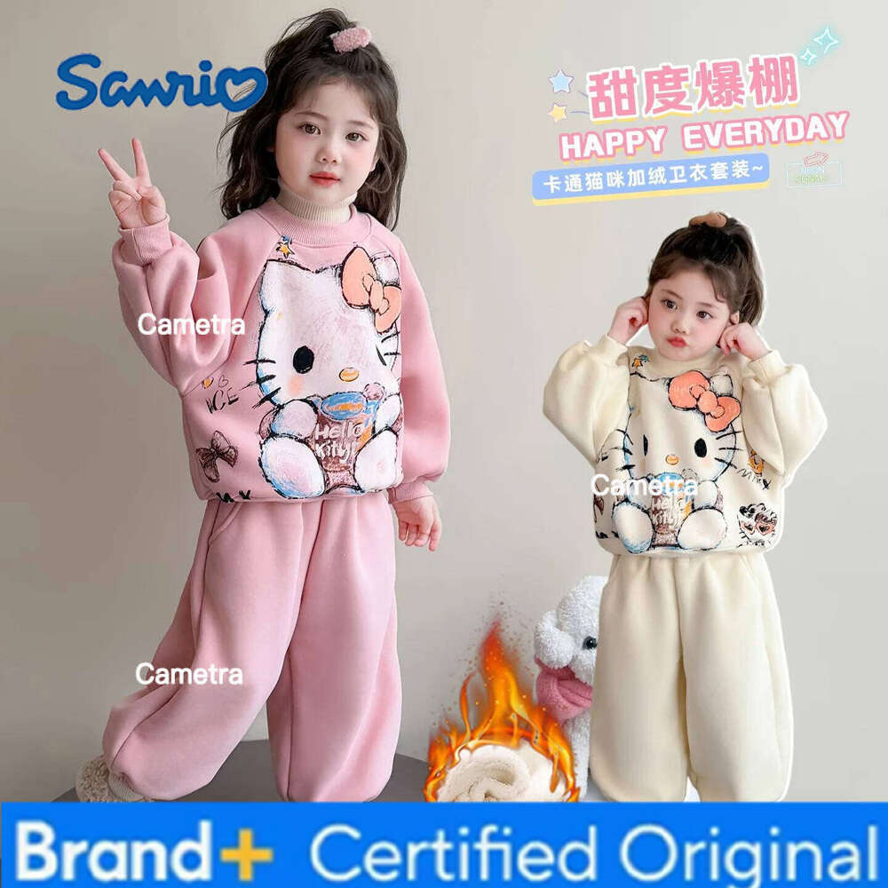 Sanrio Cute Kitten Girls' Clothing 2025 Autumn Winter New Cartoon Anime Hoodie 2Pcs Thickened Warm Sweatshirt Set Fashion Casual Wear H2601121