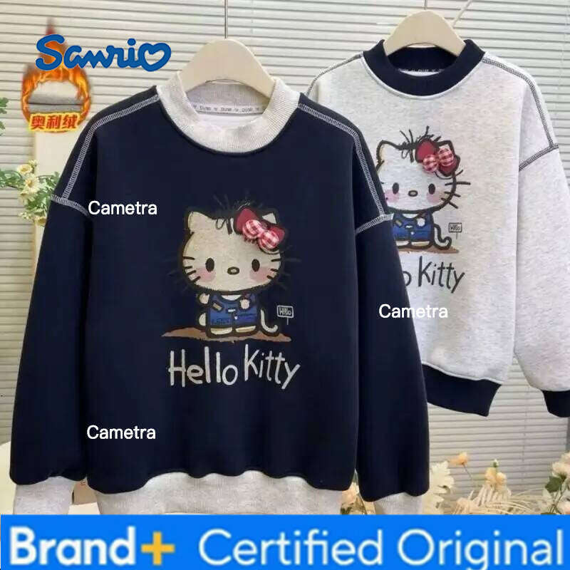Sanrio Kuromi Hello Kitty Cute Style Fleece Lined Cartoon Sweatshirt Fashionable Trendy for Girls Kids Autumn Winter Casual Top H260112