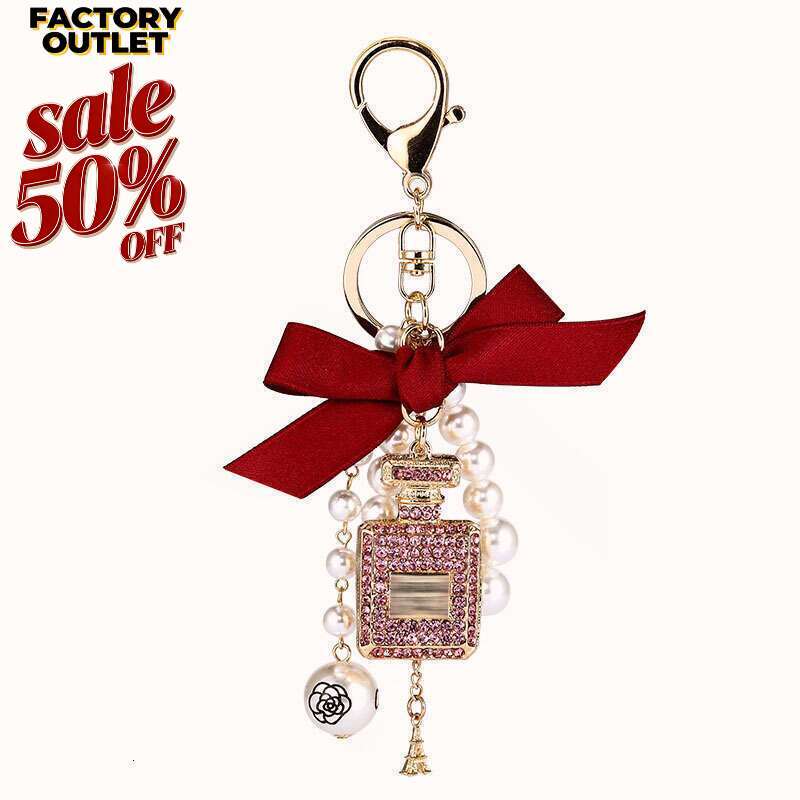 Vintage Perfume Bottle Keychain Black Ribbon Pearl Jewelry Women Bag Decoration Gift for Ladies Metal Keyring