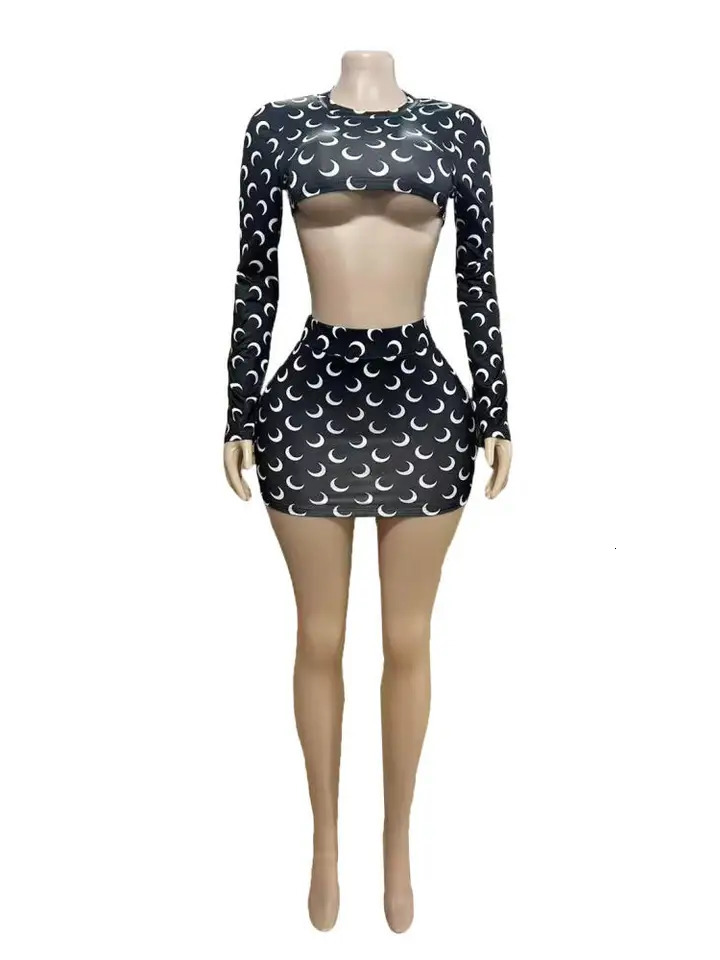 Women Two Piece Set Skirt Fashion Retro Leisure Moon Printed Long Sleeve Crop Top and Mini Streetwear Outfits 251231