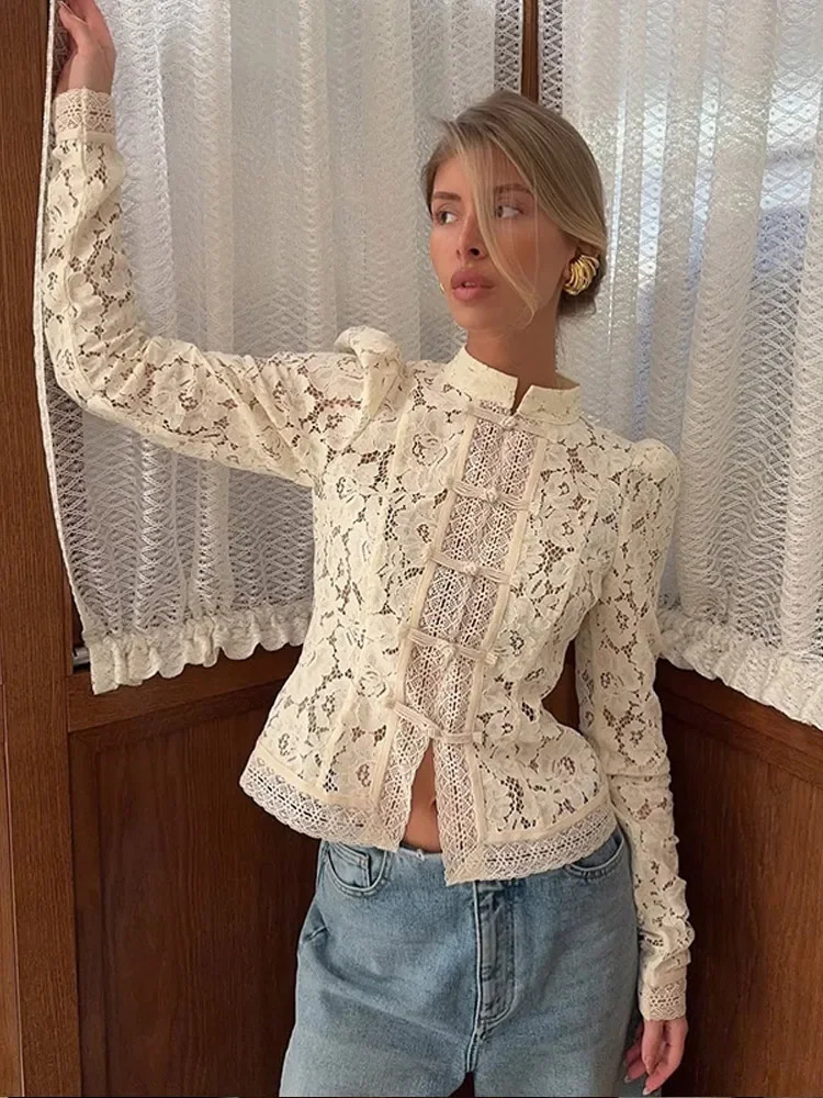 Womens Chic O Neck Full Sleeve Slim Knit Blouses Retro Chinese Hollow Out Lace Waist Shirt Summer 2025 Lady Highstreet Top 251231