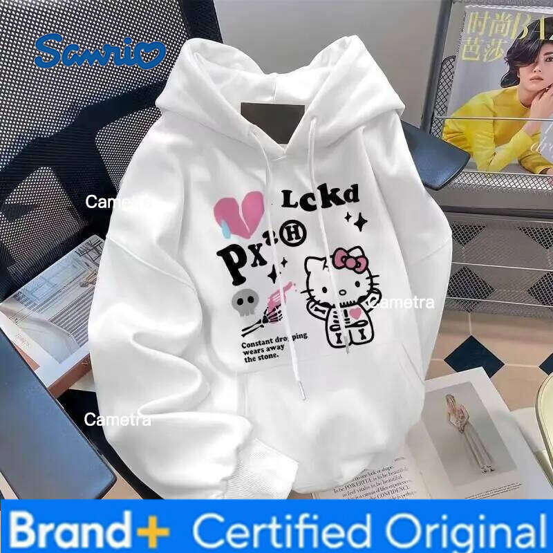 Sanrio Hello Kitty Hoodie Hong Kong Style Print Loose Fit Versatile Women's Autumn Winter Casual Trendy Fleece Sweatshirt H260112