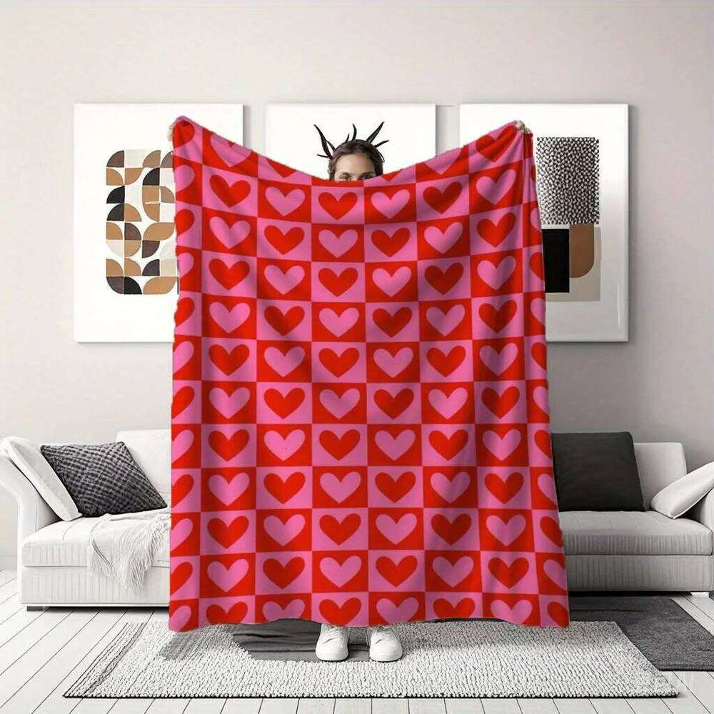 Red Pink Heart Plaid Print Flannel Throw Blanket Soft Warm and Cozy for Couch Bed Office or Camping All-Season Use XJ260112
