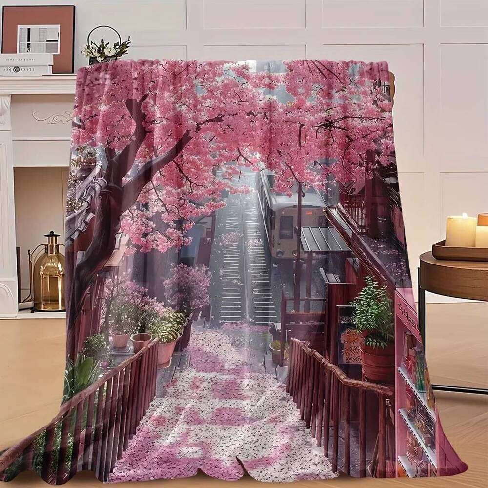 1pc Cherry Blossom Floral Print Flannel Throw Blanket - Soft, High-Definition Digital Print, All-Season Use, Perfect Gift for XJ260112