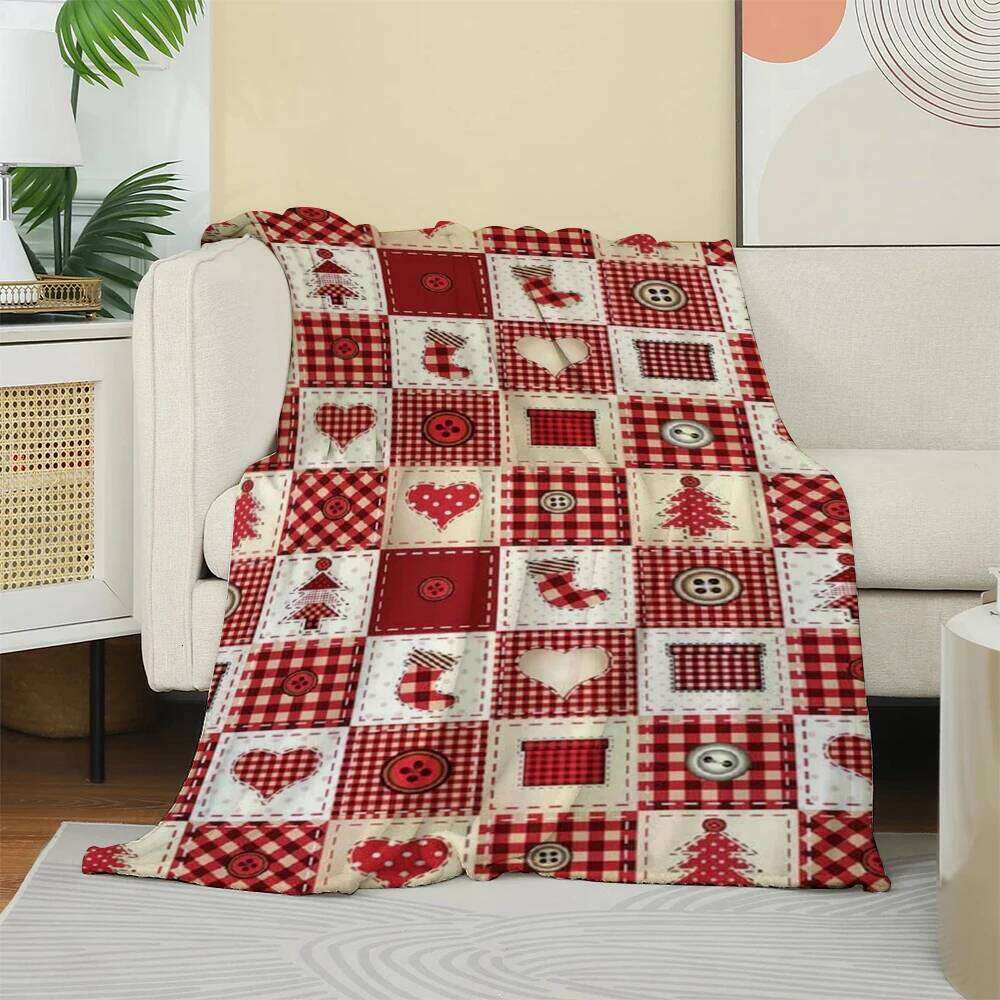 Christmas Patchwork Style Fleece Red Plaid with Santa Sock & Tree Pattern Cozy Throw Blanket Couch Bed Gift for Home XJ260112