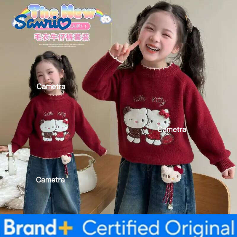 Sanrio Girl's Hello Kitty Kawaii Sweater Autumn/winter 2025 New Children's Cartoon Anime Fashion Jeans Sweet and Comfortable Soft Set H26011