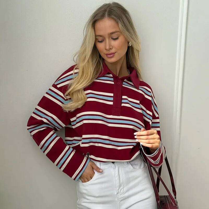 Tornova Casual Long Sleeve Striped Polo Collar Loose Women's Top Pullover Fashion Retro Print T shirt Female Autumn New