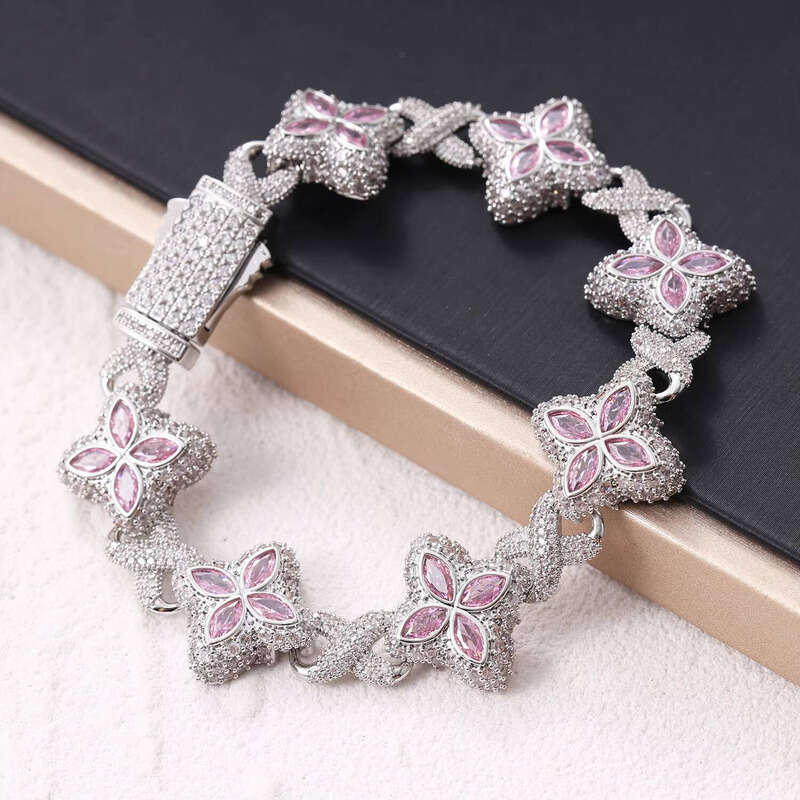 Fashion Pink Blue Colorful Clover Bracelet Necklace Iced Brass 5A VVS Moissanite Diamond Chain Adjustable Women's Gift f3