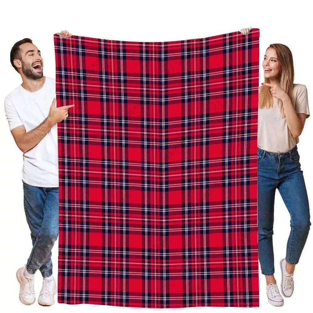 Classic Red Plaid Blanket - Cozy Throw with Black White Grid Design, Perfect for Home Decor, Soft and Warm Fleece Fabric, Id XJ260112