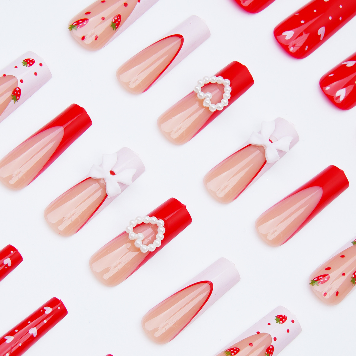 Wearable Nails Pearl Bow And Red Heart Strawberry French Wearable Nails Nail Stickers