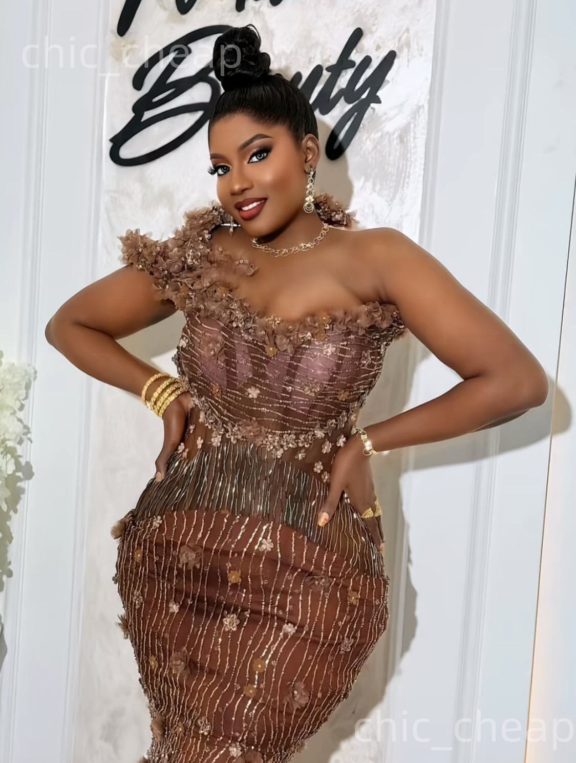 Aso Ebi Brown Mermaid Prom Dresses 2026 One Shoulder Flowers Crystals Beaded Evening Formal Party Second Birthday Engagement Gowns Dress For Special O