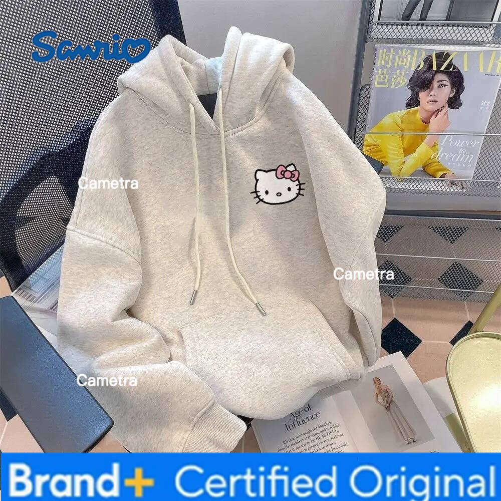 Sanrio Hello Kitty Graphic Hoodie Women 2025 Autumn Gray Oversized Printed Pullover Casual Streetwear Y2K Aesthetic Fashion Comfortable H260112