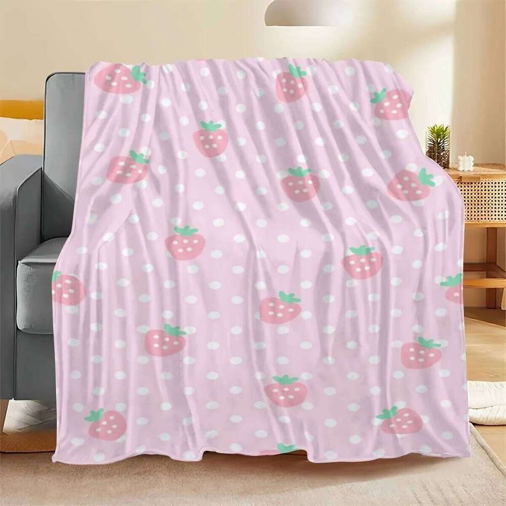 Pink Strawberry Print Flannel Blanket, Soft Warm Cozy Throw for Home Kitchen Sofa Camping Relaxation XJ260112