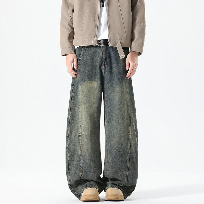 Men's American Streetwear Vintage Washed Distressed Patchwork Flared Jeans, Loose Wide-Leg Straight-Leg Floor-Length Baggy Trousers
